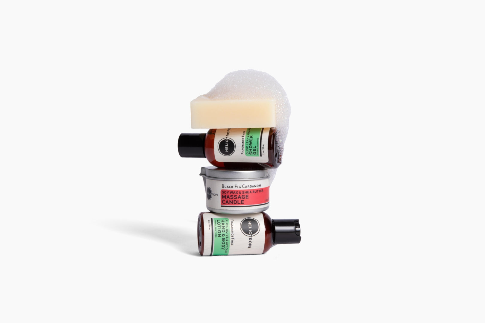 Collection of Heliotrope SF natural skincare and body care products at VAHNAI