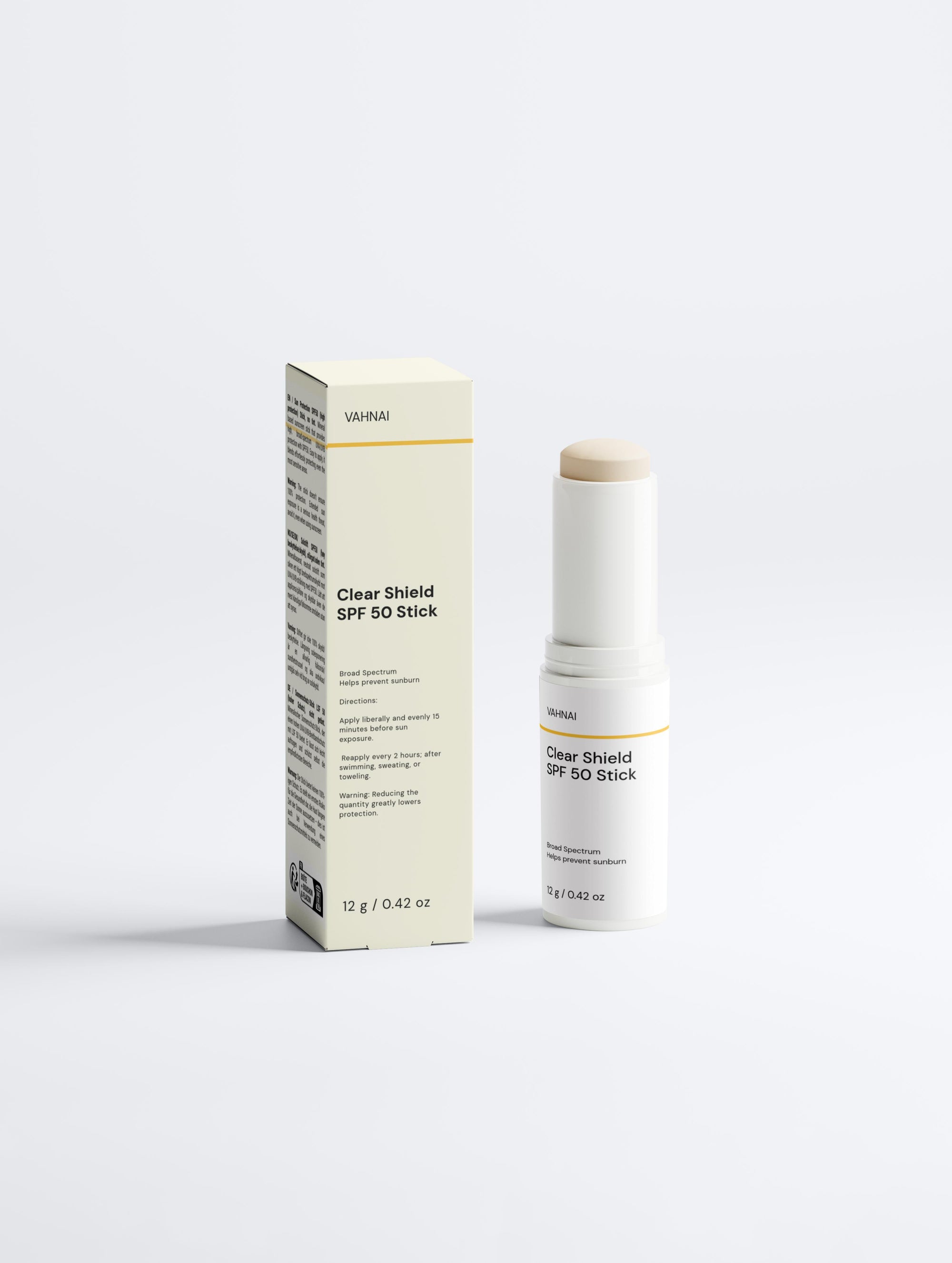 Vahnai Clear Shield SPF 50 Stick with transparent glide-on texture.