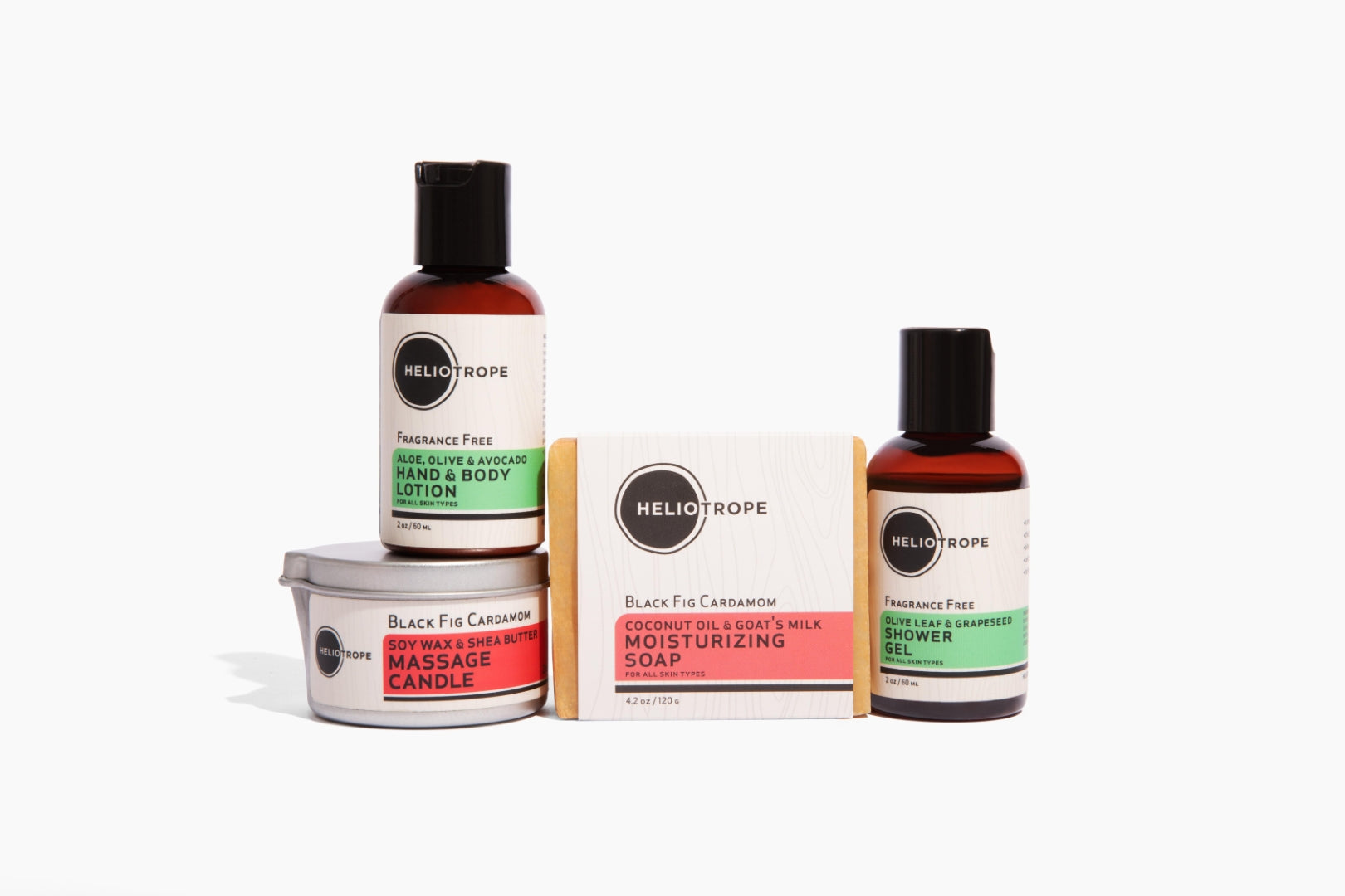 Heliotrope SF Small Body Care Travel Basket with exfoliating wash, lotion, hair care, bamboo puff, and massage candle