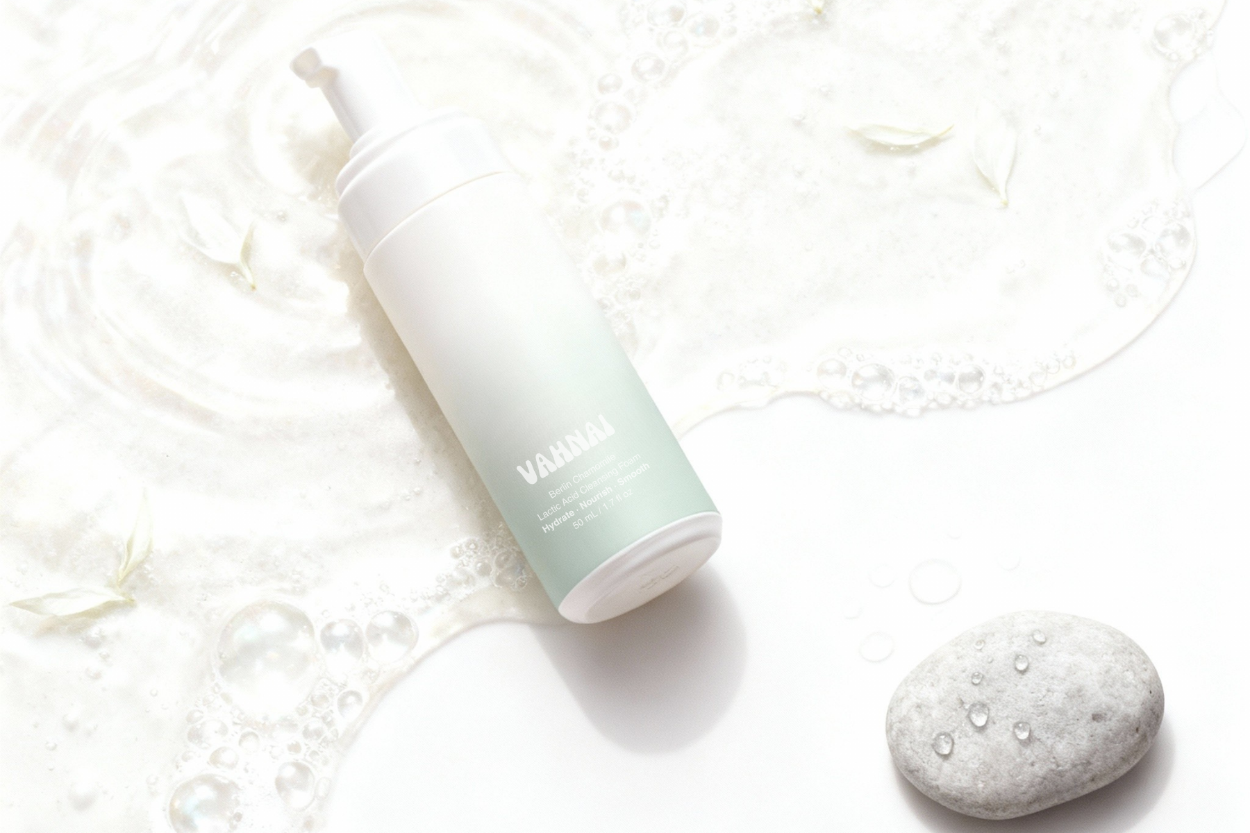Gentle cleansing foam with Aloe and Eucalyptus ingredients that purify without irritation — VAHNAI mild cleanser for sensitive skin.