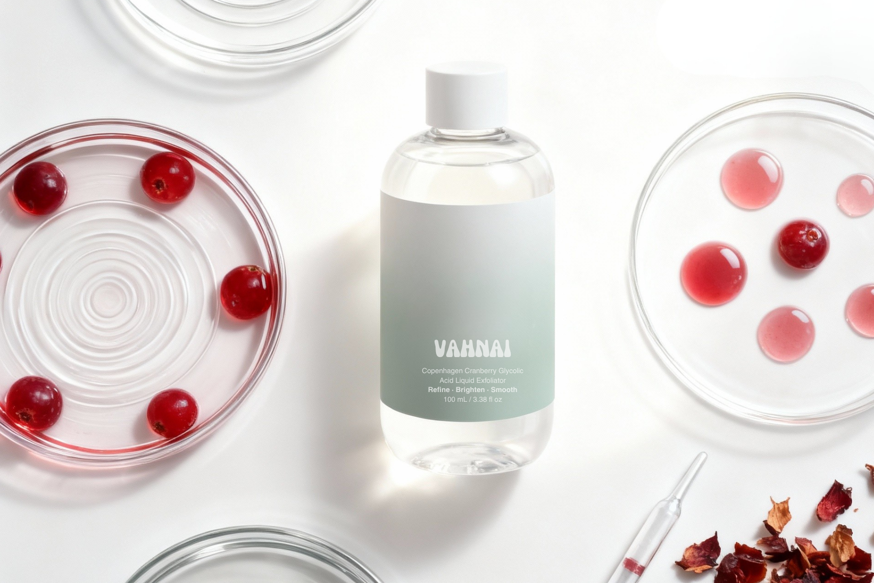 Cranberry and Glycolic Acid exfoliating ingredients that smooth and brighten dull skin — VAHNAI gentle resurfacing skincare.
