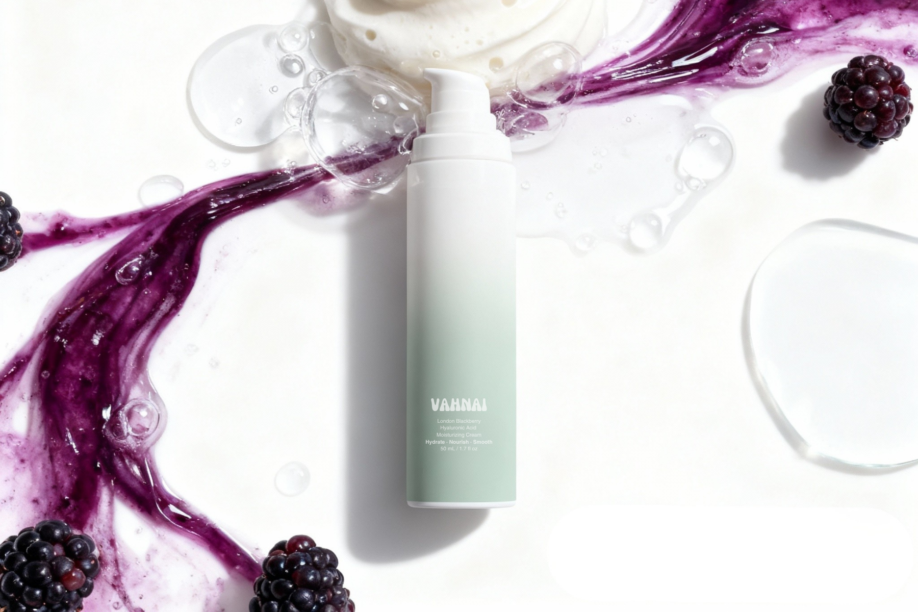 Sea Buckthorn, Blackberry, and Hyaluronic Acid ingredients that deeply hydrate and soothe sensitive skin — VAHNAI moisturizing skincare.