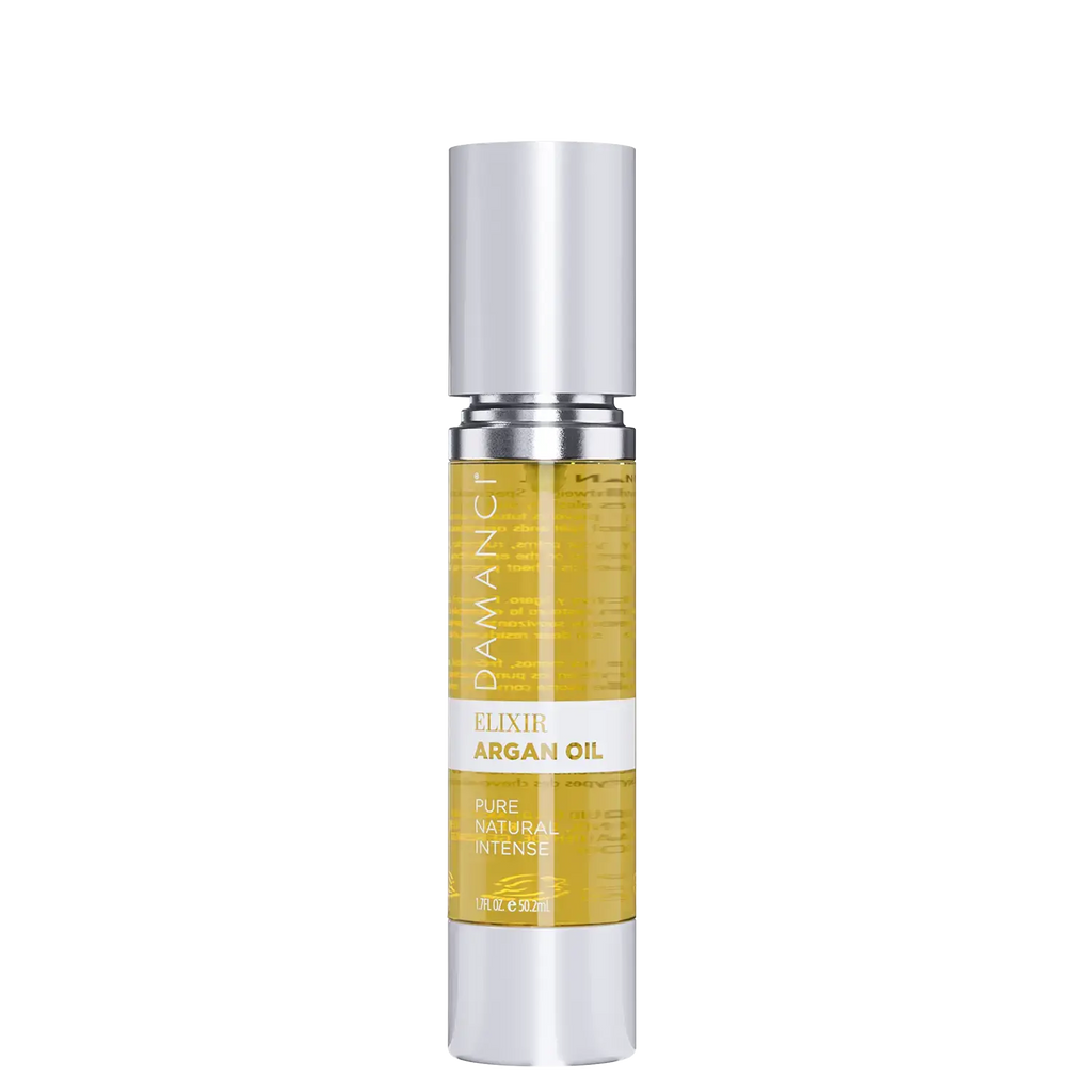 Damanci Elixir Argan Oil – Liquid Gold hair treatment in a sleek amber glass bottle, perfect for shine and hydration.