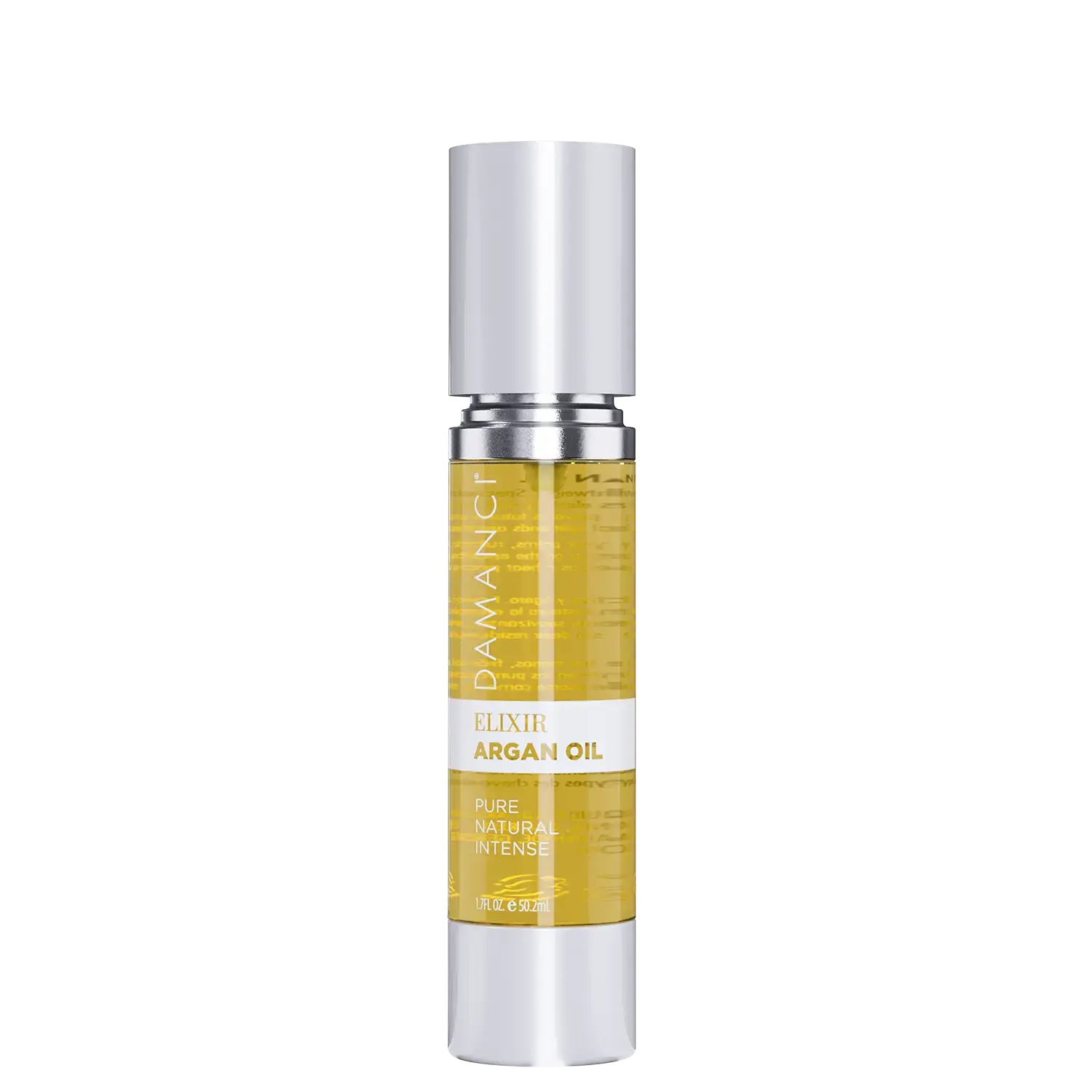 Damanci Elixir Argan Oil – Liquid Gold hair treatment in a sleek amber glass bottle, perfect for shine and hydration.