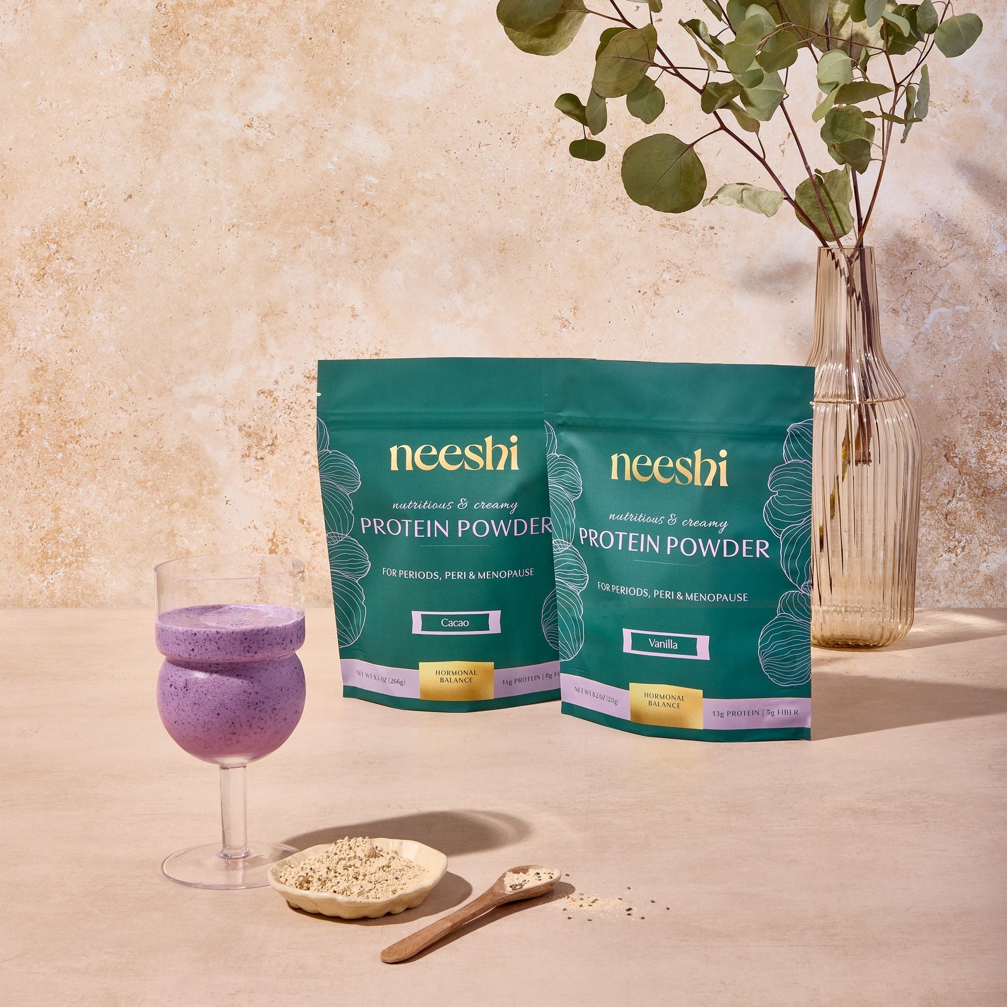 Neeshi Plant-Based Protein Powder – minimalist packaging with clean ingredients for modern wellness.
