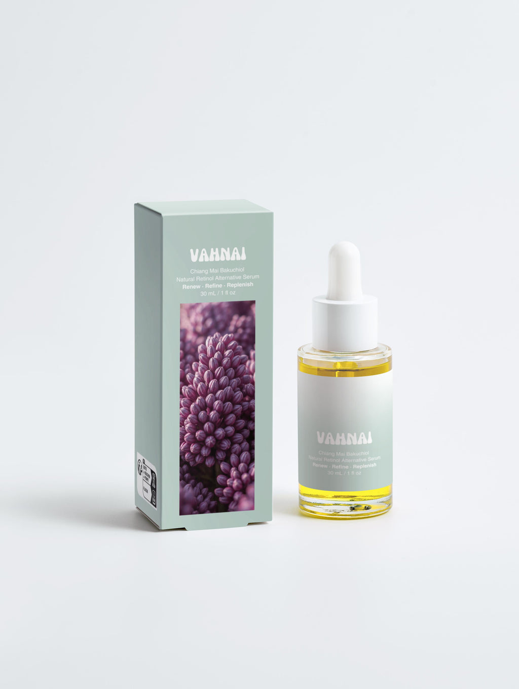 VAHNAI skincare serum bottle and packaging on a light gray background