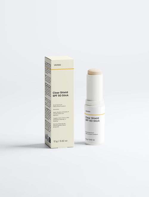 Vahnai Clear Shield SPF 50 Stick with transparent glide-on texture.