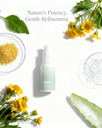 Skincare product with natural ingredients and text 'Nature's Potency. Gentle Refinement.'