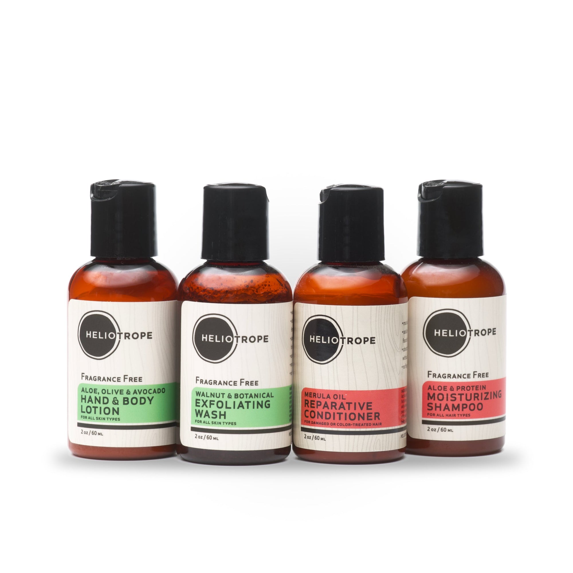 Heliotrope SF Travel Body Care Kit with four 2 oz bottles in vinyl zip bag