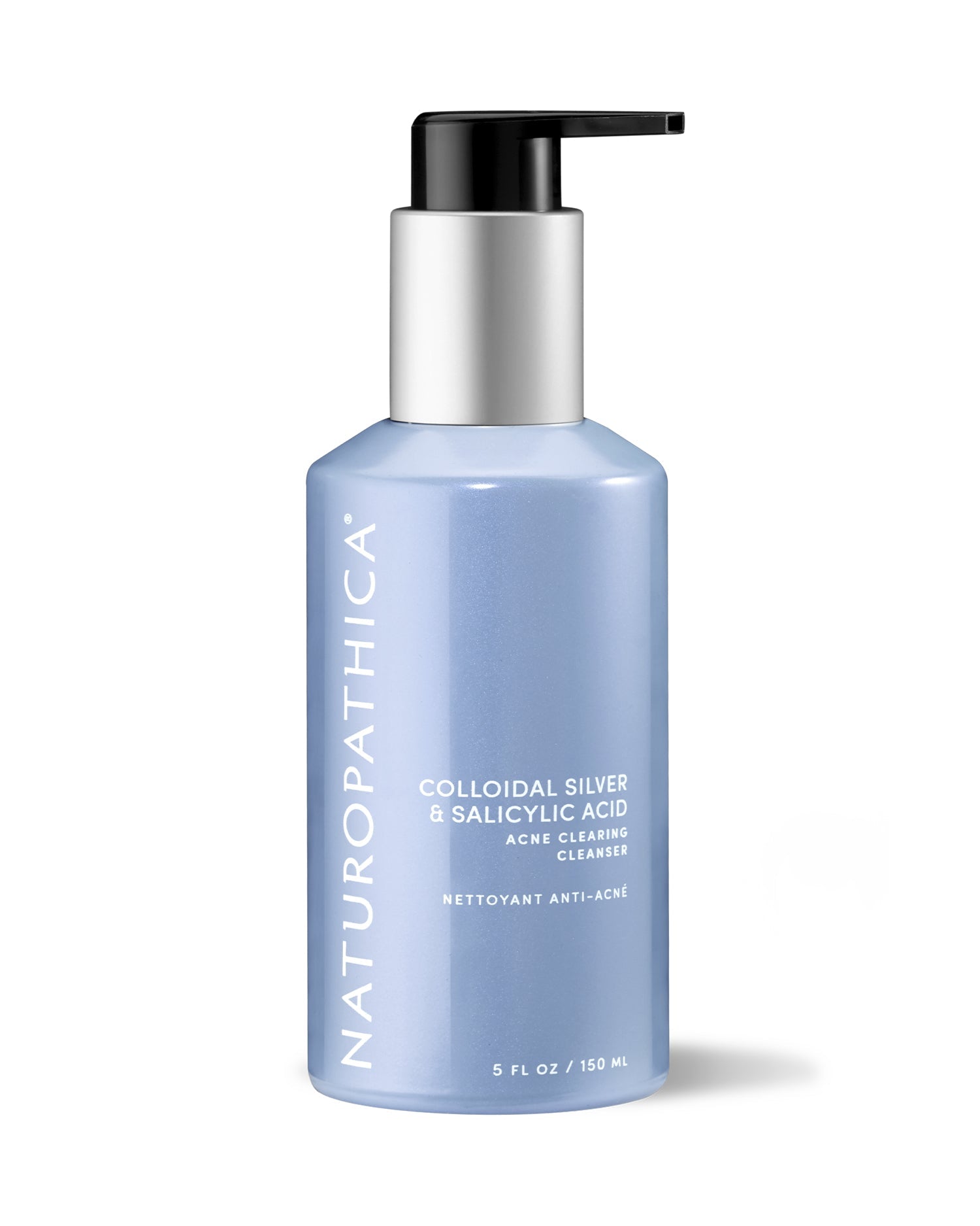 Bottle of Naturopathica Acne Clearing Cleanser with colloidal silver and salicylic acid, styled on a clean surface with botanical accents

