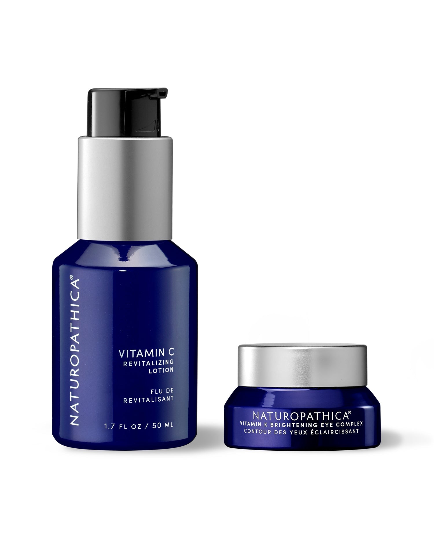 Naturopathica Glowing Skin Duo featuring Vitamin C Revitalizing Lotion and Vitamin K Eye Complex, styled together with glowing citrus and floral accents

