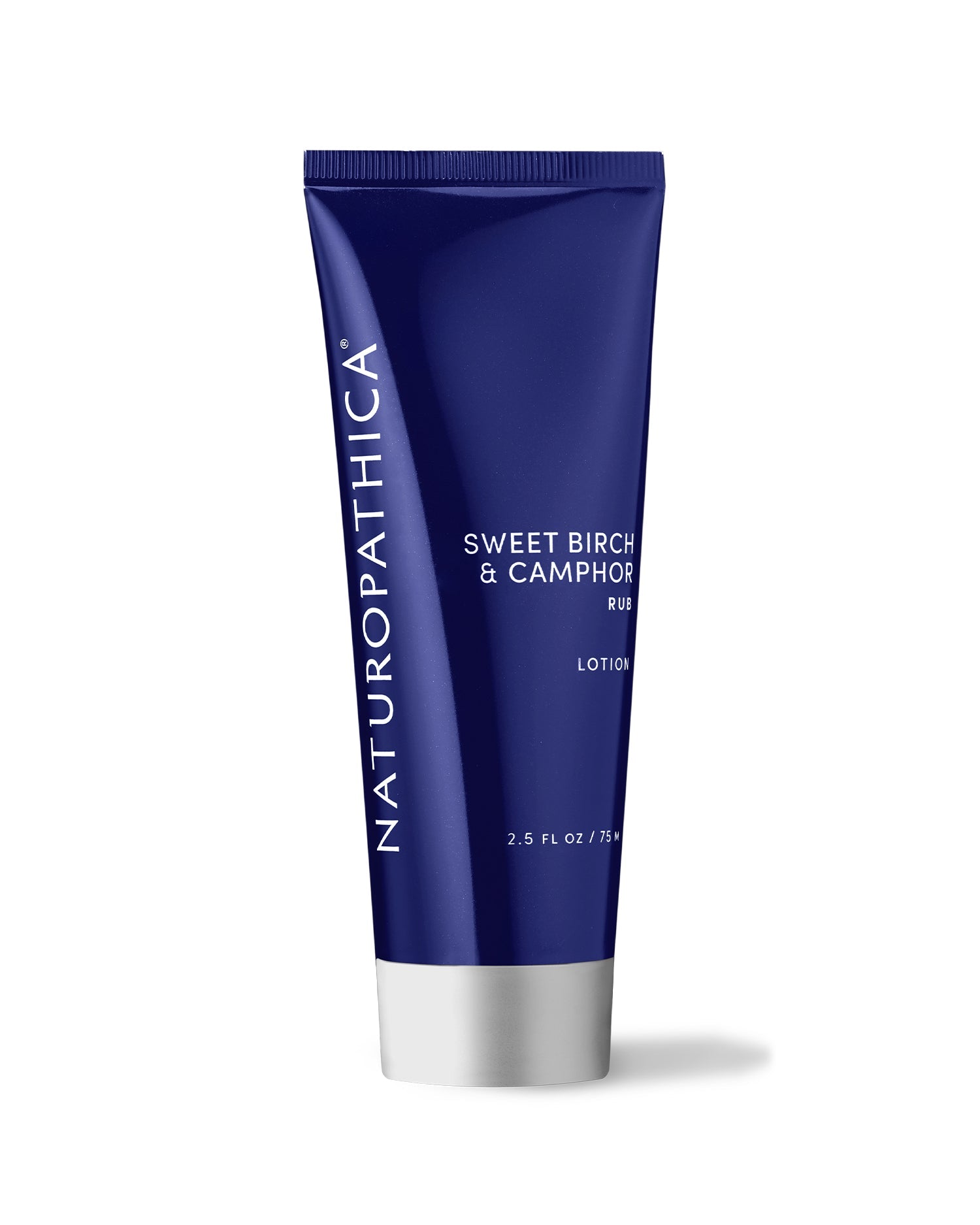 Naturopathica Sweet Birch & Camphor Rub open on a stone tray with herbal elements, styled as a warming muscle relief balm