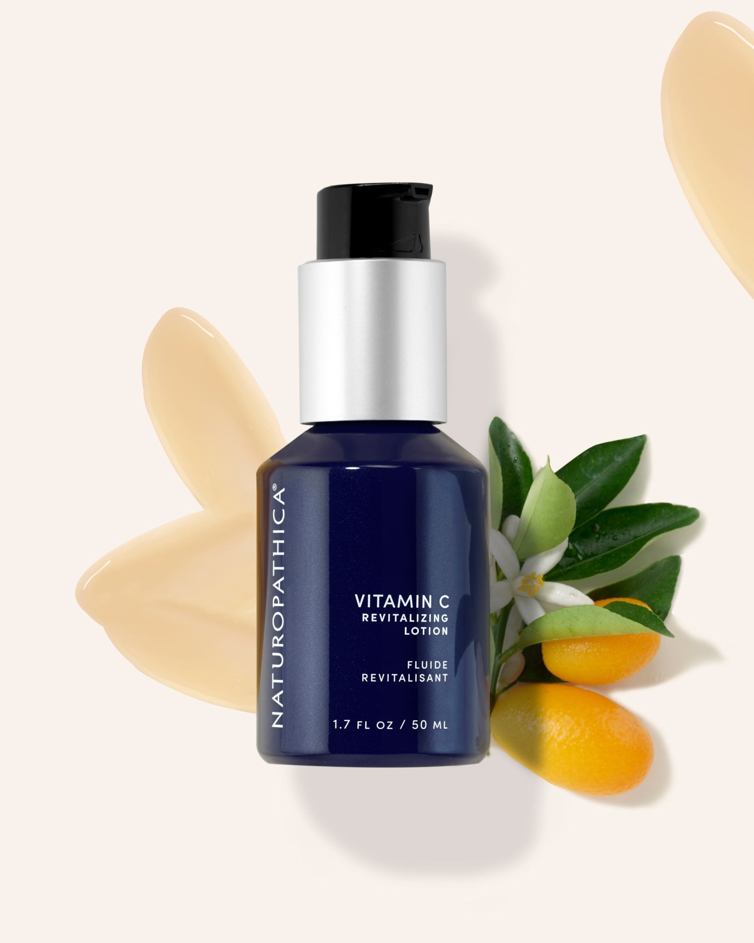 Bottle of Naturopathica Vitamin C Revitalizing Lotion on a clean white surface with citrus slices, styled as a brightening daily moisturizer