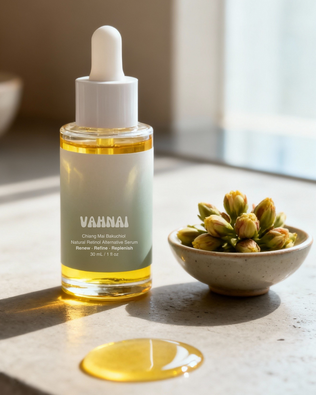 VAHNAI Chiang Mai Bakuchiol Natural Retinol Alternative Serum bottle on white background, minimal clinical lighting