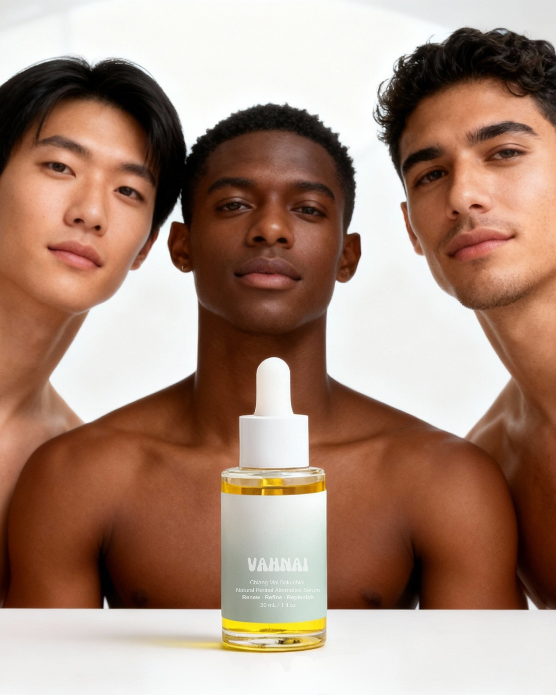 Male model applying VAHNAI Chiang Mai Bakuchiol Serum with clean modern aesthetic
