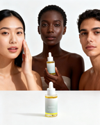 Female model applying VAHNAI Bakuchiol Serum to skin in bright minimal studio setting
