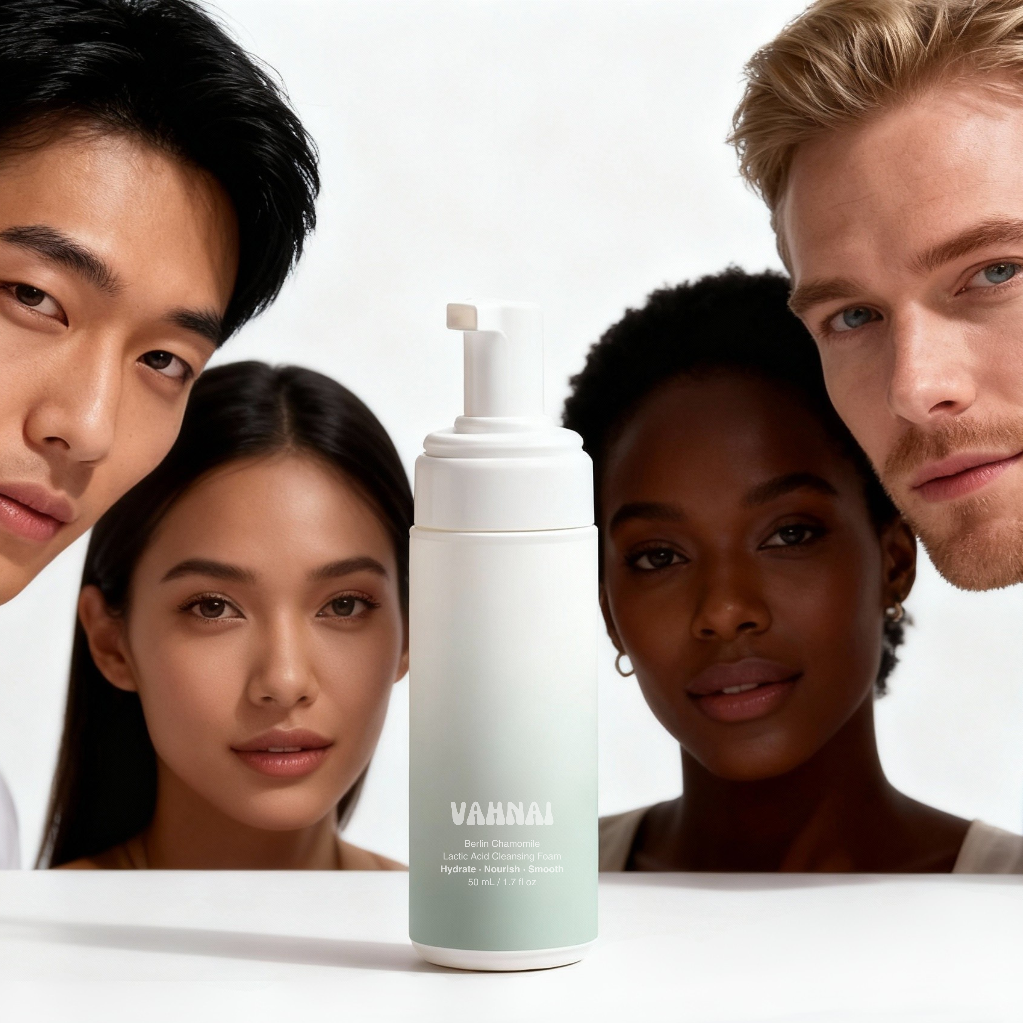 Macro image of VAHNAI Berlin Cleansing Foam texture — light, airy foam showing lactic acid and chamomile infusion for gentle exfoliation.
