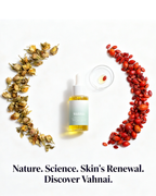 Vahnai skincare product with dried flowers and berries on a white background