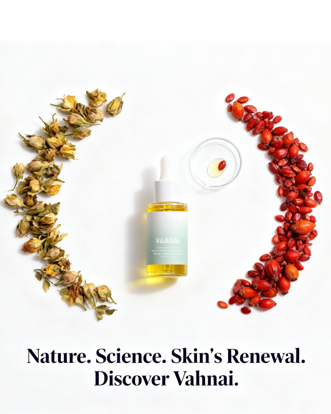 Vahnai skincare product with dried flowers and berries on a white background