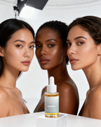 Female model applying VAHNAI Bakuchiol Serum to skin in bright minimal studio setting