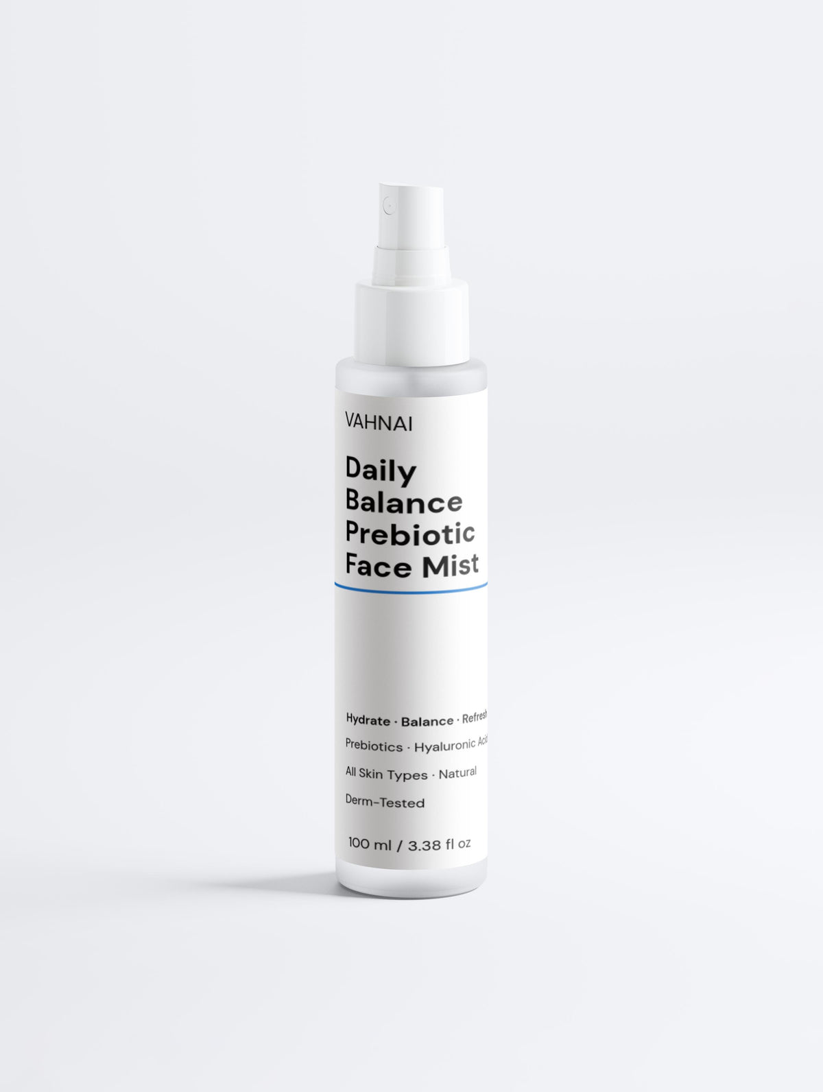 VAHNAI Daily Balance Prebiotic Face Mist bottle with minimalist design – natural hydrating mist with prebiotics and hyaluronic acid for all skin types
