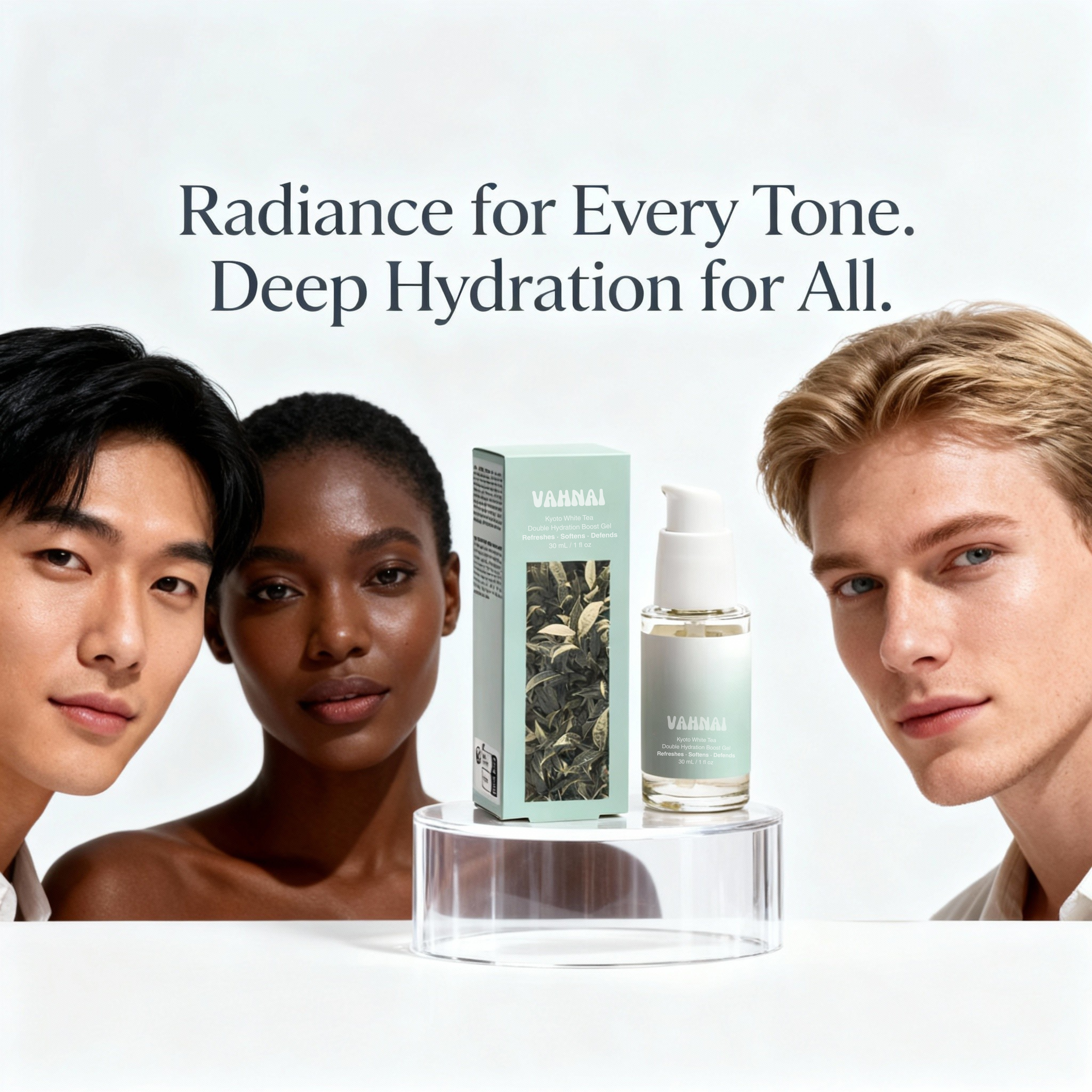 Female model applying VAHNAI Kyoto White Tea Restore Gel — lightweight hydration and antioxidant protection for calm, radiant skin.
