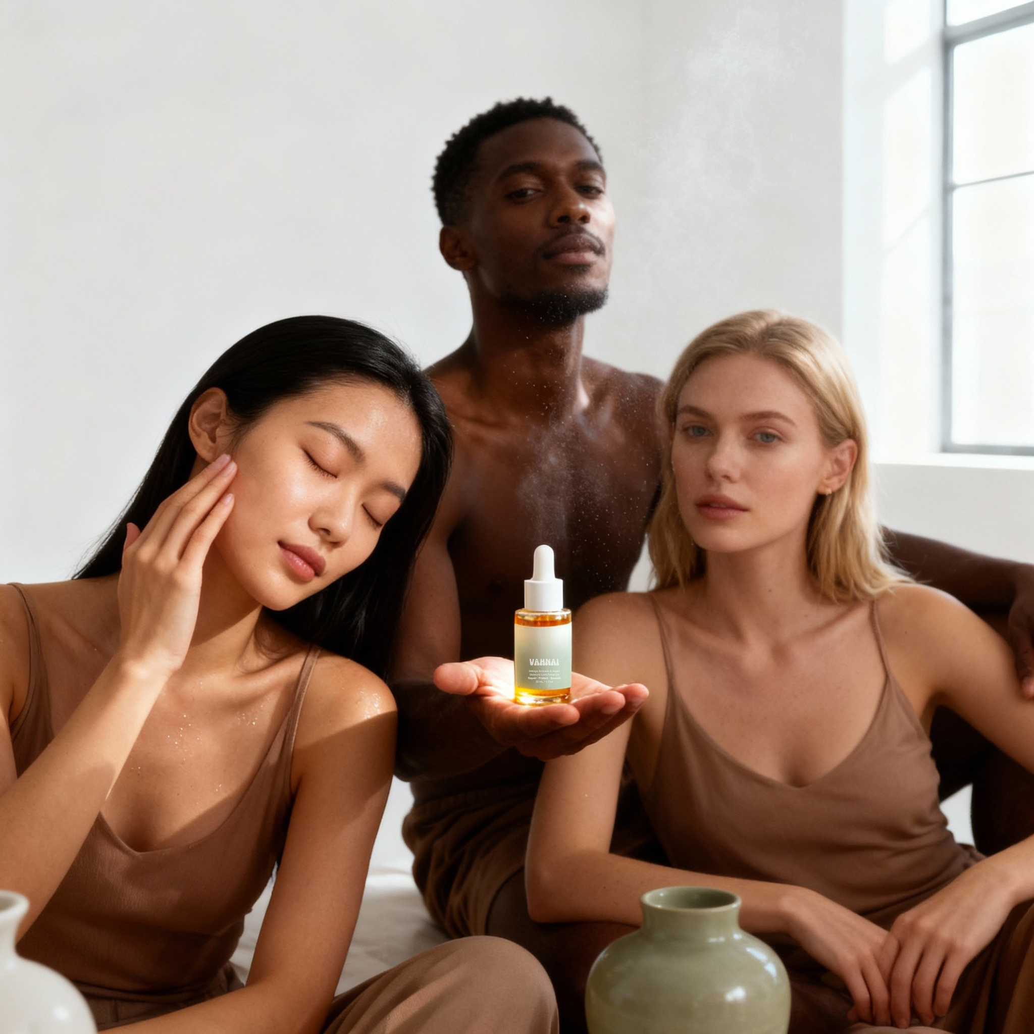Diverse models featuring VAHNAI Málaga Avocado & Argan Facial Oil — gender-neutral skincare for healthy, balanced glow.
