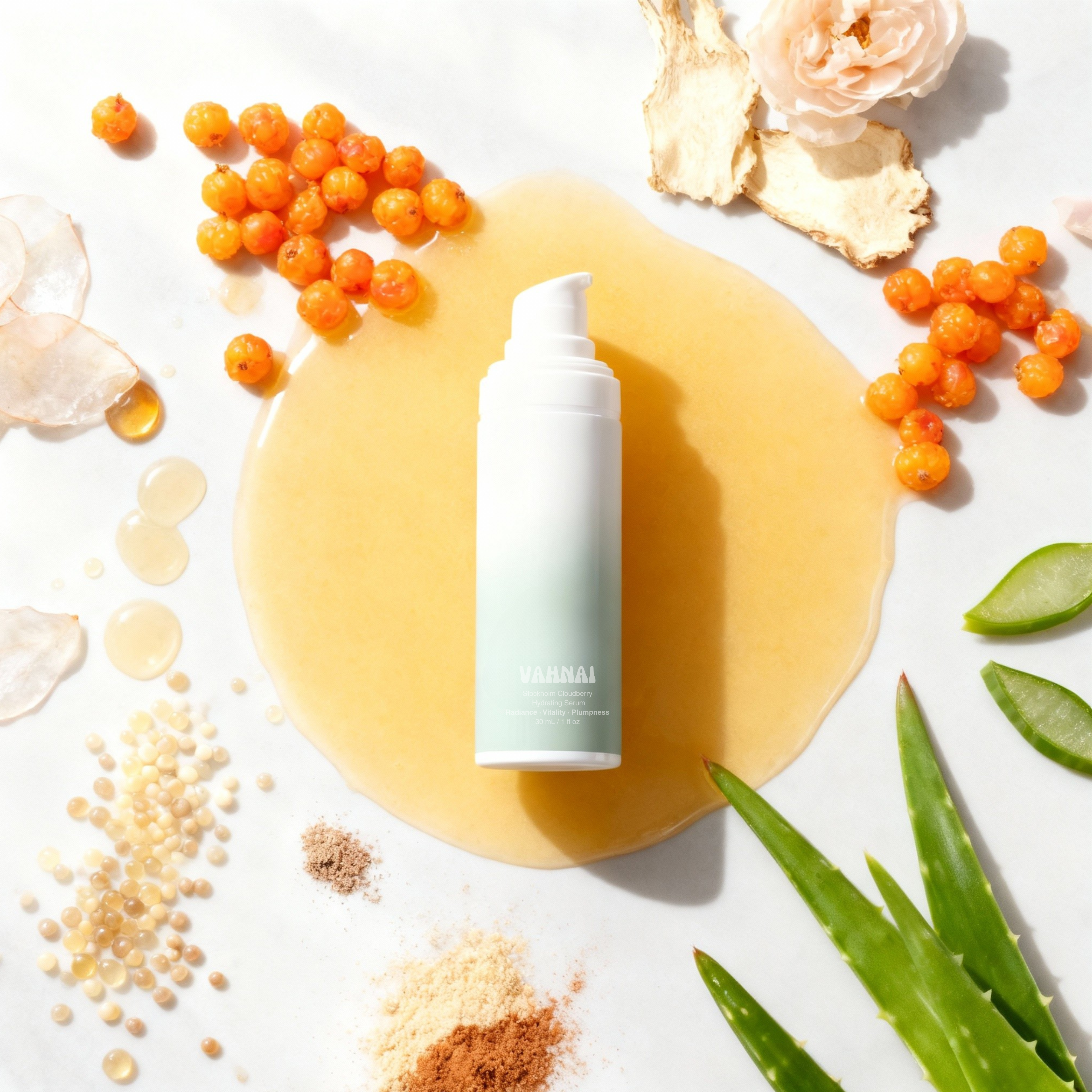 Flatlay of VAHNAI Cloudberry Hydrating Serum with cloudberries, aloe vera, and hydration droplets — clean white science background.
