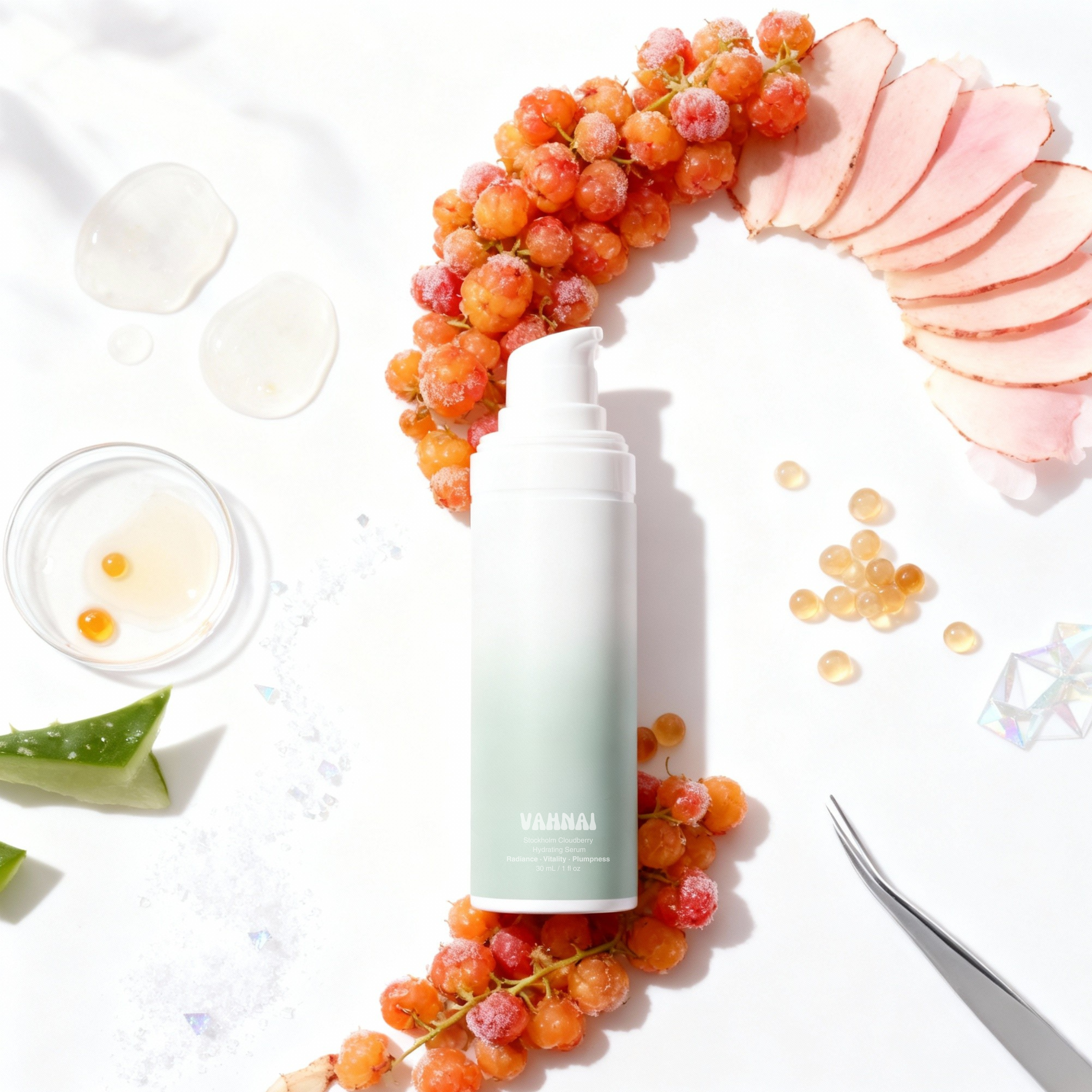 VAHNAI Stockholm Cloudberry Hydrating Serum bottle — lightweight hydrating serum with Nordic cloudberry extract for dewy, radiant skin.
