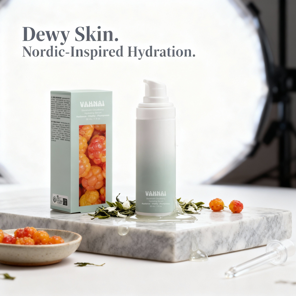 Macro image of Nordic cloudberries, the hero ingredient in VAHNAI Hydrating Serum, rich in vitamins and antioxidants.
