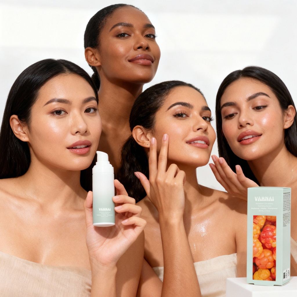 Model applying VAHNAI Stockholm Cloudberry Hydrating Serum to face — designed for all skin types to boost hydration and skin barrier strength.
