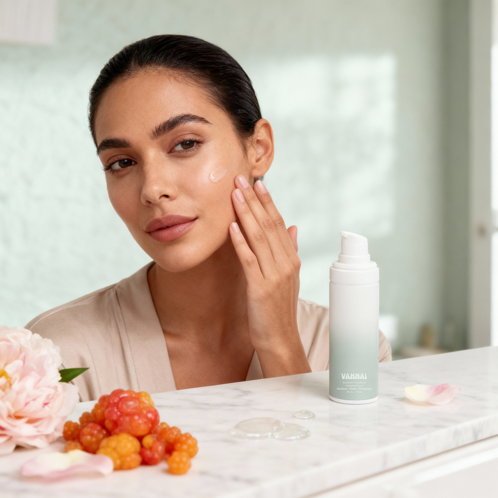 Campaign image for VAHNAI Cloudberry Hydrating Serum with the tagline “Glow from Within” — minimalist clinical backdrop.

