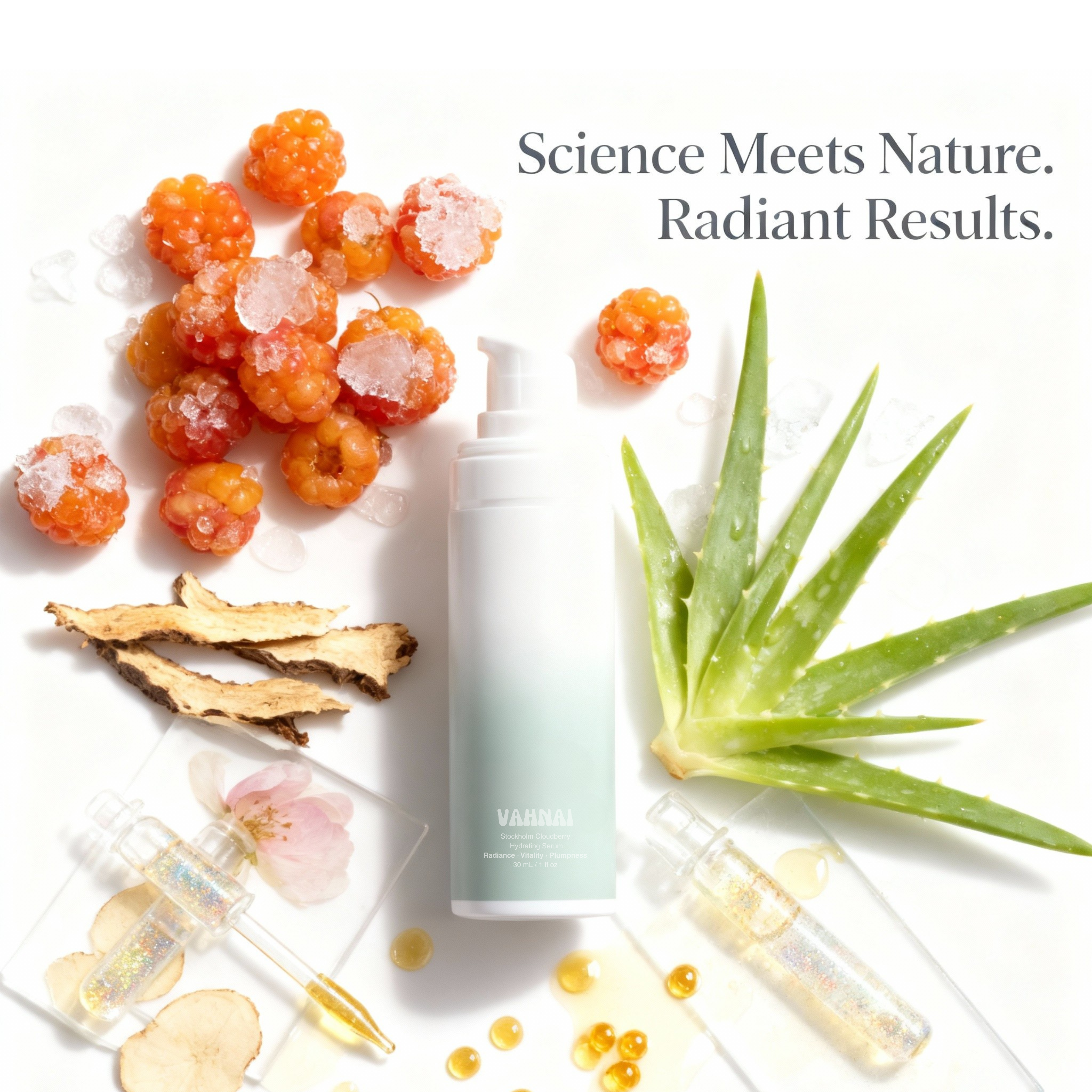 Lifestyle image of VAHNAI Cloudberry Hydrating Serum on marble surface with soft light reflections, representing clean beauty.
